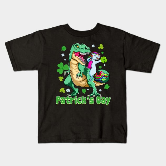 Unicorn Ridding Dinosaur Patrick's Day Kids T-Shirt by Hensen V parkes